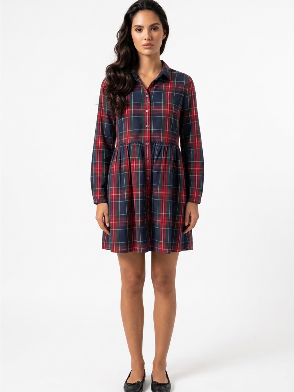 J. Crew Factory Navy and Red Plaid Button-Front Shirt Dress